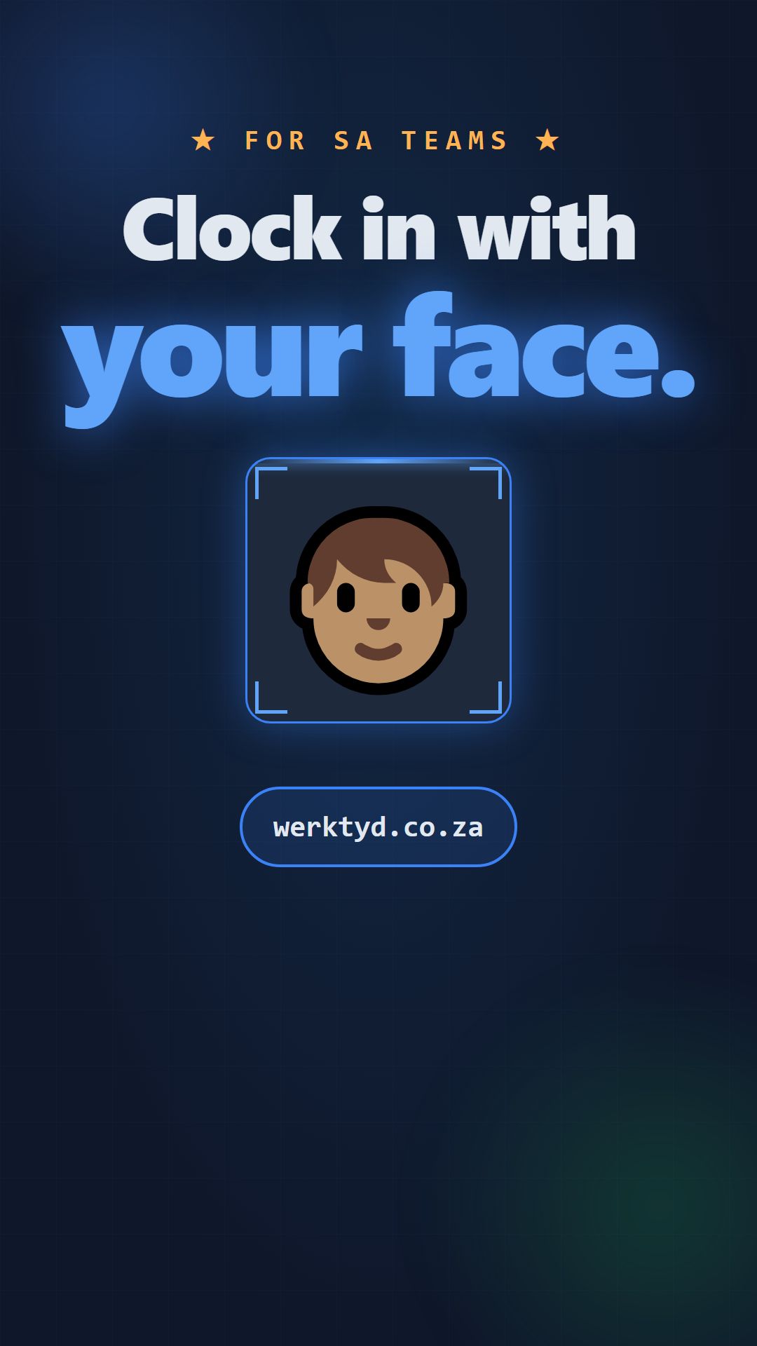 Werktyd face-scan clock-in app running on a tablet at a workplace gate
